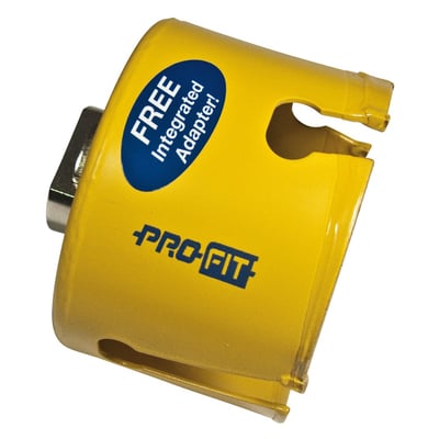 Wareco ProFit Multi Purpose HM hulsav med integreret adaptor, 98 mm, i skarp gul farve med blå logo og tekst.