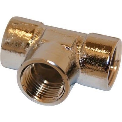 Forkromet messing T-stykke med 3/4" gevind, velegnet til VVS-installationer og rørkoblinger.