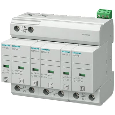 Siemens overspændingsbeskytter type 1+2, 3-polet 3+0, 350V, med grønne terminaler til ledningsføring og PEN-mærkning.