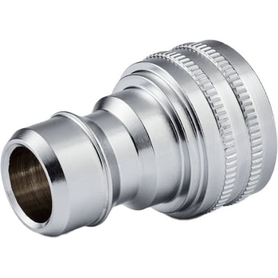 Nito koblingsnippel i krom med 15mm slangetilslutning og 3/4" indvendigt rørgevind, vist på hvid baggrund.