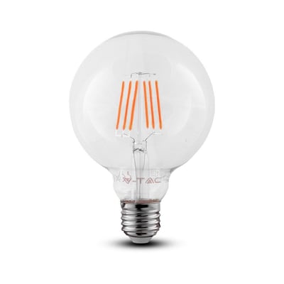 V-Tac 6W LED globepære med E27 fatning og synligt kultrådsdesign, der erstatter 60W pærer med 806 lumen.