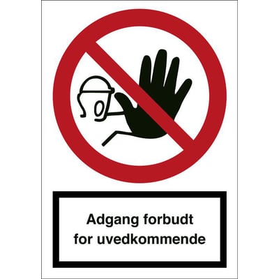 Forbudsskilt F100PA5 i plast (A5) viser et forbudssymbol med en hånd og en person, samt teksten 'Adgang forbudt for uvedkommende' med sort ramme.