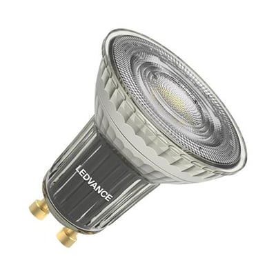 Ledvance LED PAR16 GU10 lyskilde med et klart glas og sølvfarvet base isoleret på hvid baggrund.
