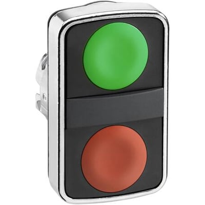 Schneider Electric metal dobbelt trykknap med Ø 22mm, rød og grøn knap, krom frontring og sort baggrund.