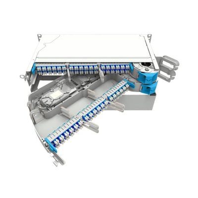 CommScope MFPS fiberskuffe, 2U 19", grå, med 144 LC/UPC porte og plads til fiberrøring.