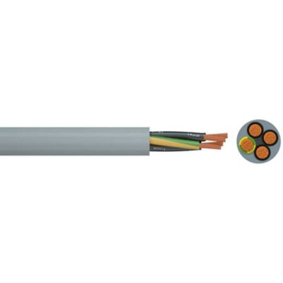 Styrekabel 4G0,75 YSLY-JZ RG100 i grå PVC med afskåret ende, der viser fire isolerede kobberledere med sort, gul, grøn/gul og en fjerde farve.