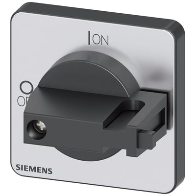 Siemens drejegreb 3LD9 i sort plast og sølvfarvet metalramme med 'ON' og 'O'/'I' markeringer, og Siemens logo nederst.