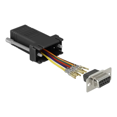 Sort DeLock samlesæt-adapter med åbent RJ45-hus, farvede ledninger og 9-benet D-Sub-hunstik.