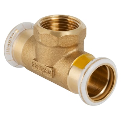 Geberit Mapress Tee CUG i messing med 28 mm presfittings og en 3/4" indvendig gevind muffe.