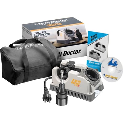 Borsliber 750X fra Drill Doctor, der nemt kan slibe spiralbor fra 2,5-19mm, medfølgende tilbehør som taske, instruktions-DVD og spændepatron.