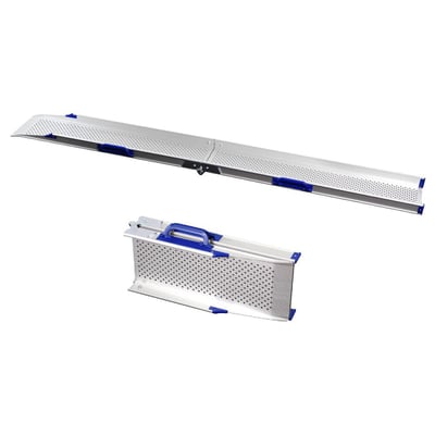 Etac Perfolight sammenklappelig rampe i 2 dele, 200 cm lang, vist udfoldet og foldet sammen med blå håndtag.