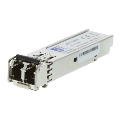 DELTACO SFP-modul SFP-HP110 i gråt metalhus, set skråt forfra med de dobbelte LC-tilslutninger synlige.