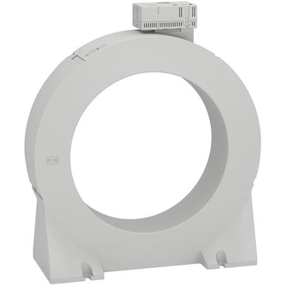 Schneider Electric sumstrømstransformator TB210 med 210 mm indvendig diameter og maksimal 400A strømindgang, vist på hvid baggrund.