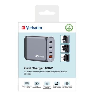 Verbatim GNC-100 GaN oplader 100W i sort på en hvid baggrund med ikoner for opladningsfunktioner og tilbehør.