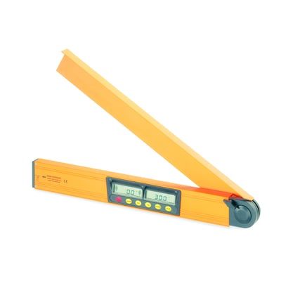 Orange digitalt vaterpas og vinkelmåler åben, viser display med 0.0 og 30.0 grader, på hvid baggrund.