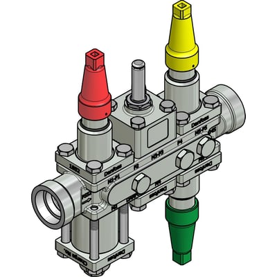 Danfoss Ventilstation ICF 20-6-2HRB med 32 mm svejsestuds og stålhus. Den har grøn, gul og rød manchet/hætte på ventilerne.