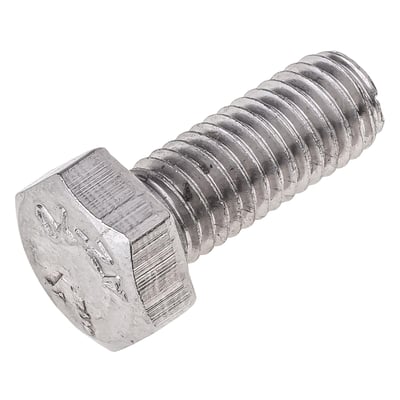 Enkel M12 x 30 mm sætskrue i A4 rustfrit stål med sekskantet hoved og fuld gevind på hvid baggrund.