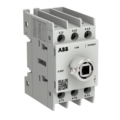 ABB OT Plus OT40G1-3BSU/48 er en grå, 3-polet lastafbryder set skråt forfra med åbning til betjeningsaksel.