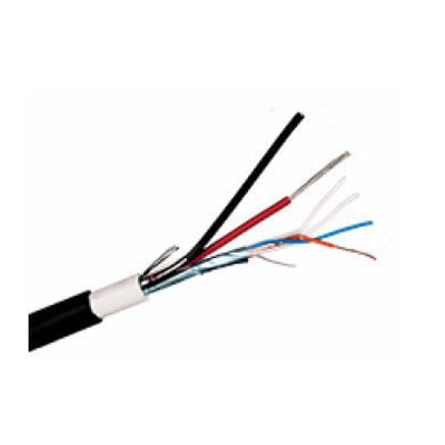 Alarmkabel FLAQQLY, 2X1+2X2X0,22, sort T500, vist med afisoleret ende, der viser sort, rød og to par mindre ledere.