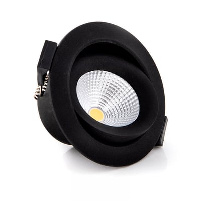 Sort SLC One 360° LED downlight vist fra siden med synlig LED-lys og vippefunktion på hvid baggrund.