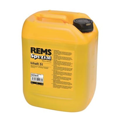 En Rems Spezial 5 liters gevindskæreolie dunk i gul plast med sort skruelåg og mærkat.