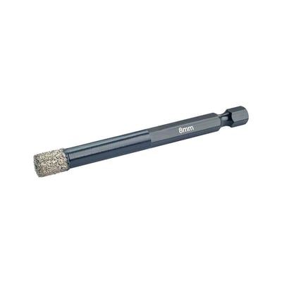 Ironside diamantflisebor på 8 mm med synlig diamantbelagt borekrone og sekskantet skaft, set skråt fra siden.
