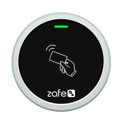 Rund Zafe Reader R-briklæser med sort front, lys kant og grøn indikator til adgangskontrol.