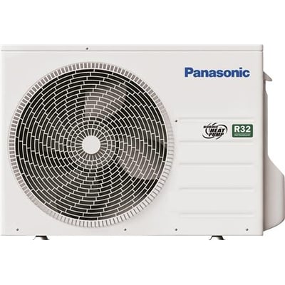 Panasonic CU-HZ35ZKE udedel til luft/luft varmepumpe i hvid med stort cirkulært ventilatorgitter og mærker for Nordic Heat Pump og R32 kølemiddel.