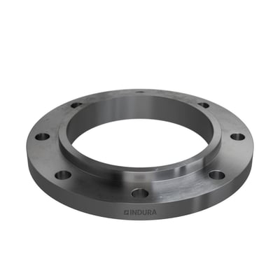 Indura 8" slip-on flange i stål, vist med logoet "INDURA" tydeligt præget på siden af flangen.