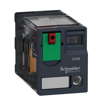 Schneider Electric Zelio RXM stikbensrelæ med 4 C/O kontakter og 6A mærkstrøm, vist forfra med testknap og LED-indikator.