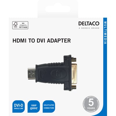 Deltaco HDMI til DVI-D-adapter i sort med guldfarvede stik vises på emballagen fra siden.