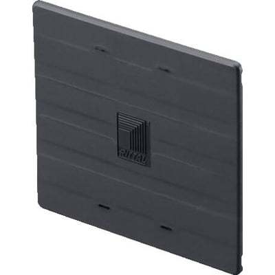 En sort Rittal endeafdækning med et præget Rittal logo i midten, designet til skinneholder Flat-PLS SV.