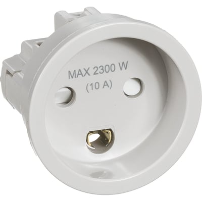 Lysegrå Lauritz Knudsen indbygningsstikkontakt med 2 poler og jord, 10 A, 250 V AC, vist fra siden med synlig monteringsmekanisme.