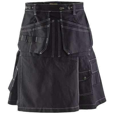 Blåkläder Workwear håndværkerkilt i sort 100% bomuld, størrelse C50, med flere praktiske lommer og hvide syninger.