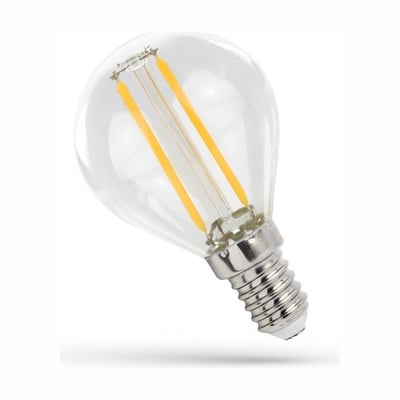 SpectrumLED E14 LED-kronepære på 1 W med klart G45-glas, synlige gule kultråde og sølvfarvet skruefatning.