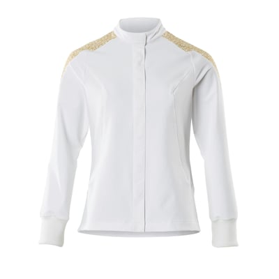 Mascot damejakke i hvid strækstof med guldfarvet mønster på skuldrene og rib ved håndleddene.