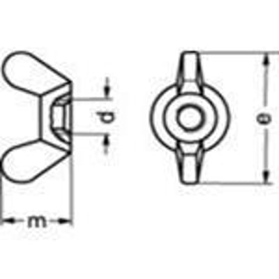 Teknisk tegning af M5 A4 DIN 315 fløjmøtrik, amerikansk model med dimensioner m, p og ø.