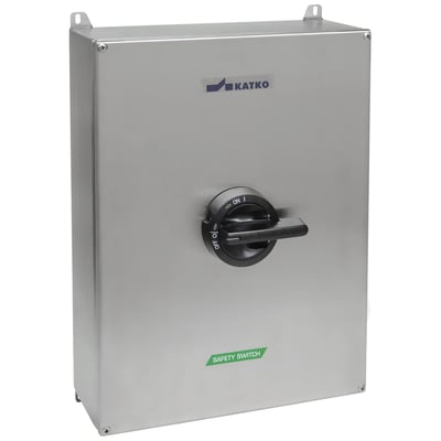 Katko reparationsafbryder i rustfrit stål med 3 poler, hjælpekontakt og 125A strømstyrke, visende drejekontakt og 'SAFETY SWITCH' mærkat.