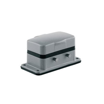 Weidmüller chassishus størrelse 4 med låg, gråt metalhus med sorte detaljer og monteringsflange på hvid baggrund.