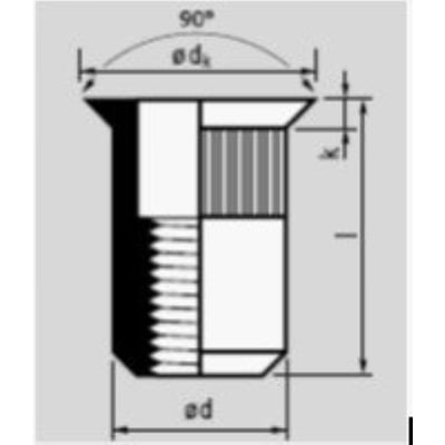 Teknisk tegning af MFX M8x18,5 undersænket rund stål mastergrib. Viser dimensioner som ødk, x, og ød.