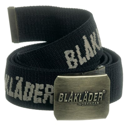 Blåkläder Workwear sort bælte i onesize med vævet logo og antik messing spænde. Bæltet er 40 mm bredt.