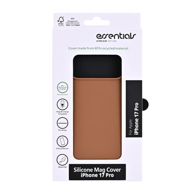 Hasselnøddefarvet silikonebagcover til iPhone 17 Pro vist i emballagen med åbning foran.