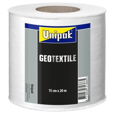 Unipak geotextil ses som en hvid rulle med synlig papkerne og en sort, grå og blå etiket mærket 15 cm x 20 m.