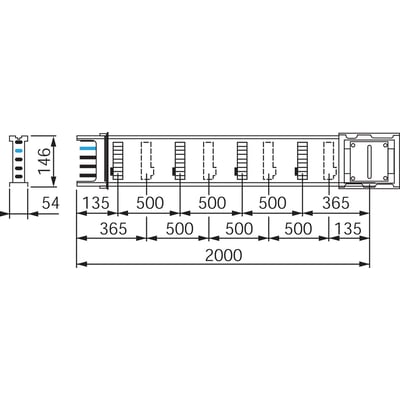 Schneider Electric skinneelement KSA400ED4208 med dimensioner og markeringer, viser 2000mm længde og 146mm bredde.