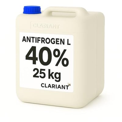 Glykol Antifrogen L fra Clariant i en lys dunk med blåt skruelåg, mærket 40 % og 25 kg.