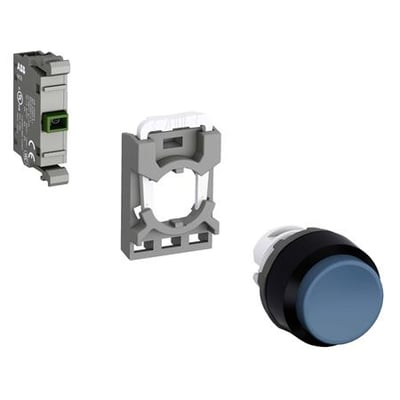 ABB MP1-40L-10 trykknapkomponenter, herunder en grå kontaktenhed, en grå montageholder og en blå trykknap med sort kant.