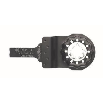 Detaljeret billede af Bosch Starlock AIZ 10 AB klinge til træ og metal, fremviser 10 mm bredde og monteringssystemet på hvid baggrund.