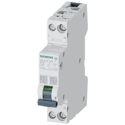 Siemens 5SL6 COM miniatureafbryder med C16 karakteristik, 230V og 6KA brudstyrke. Afbryderen er 1+N pol og har grønt O-OFF håndtag.