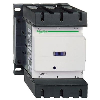 Schneider Electric TeSys D kontaktor LC1D150P7 med tydelig mærkning af 1, 3, 5 L1 L2 L3 og 2, 4, 6 T1 T2 T3.