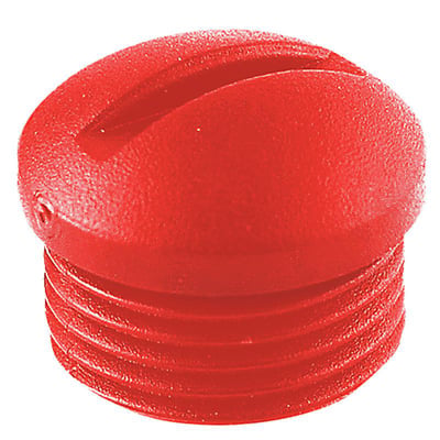 Rød Weidmüller-beskyttelseshætte til M12-cirkulær konnektor, vist forfra med gevind nederst.